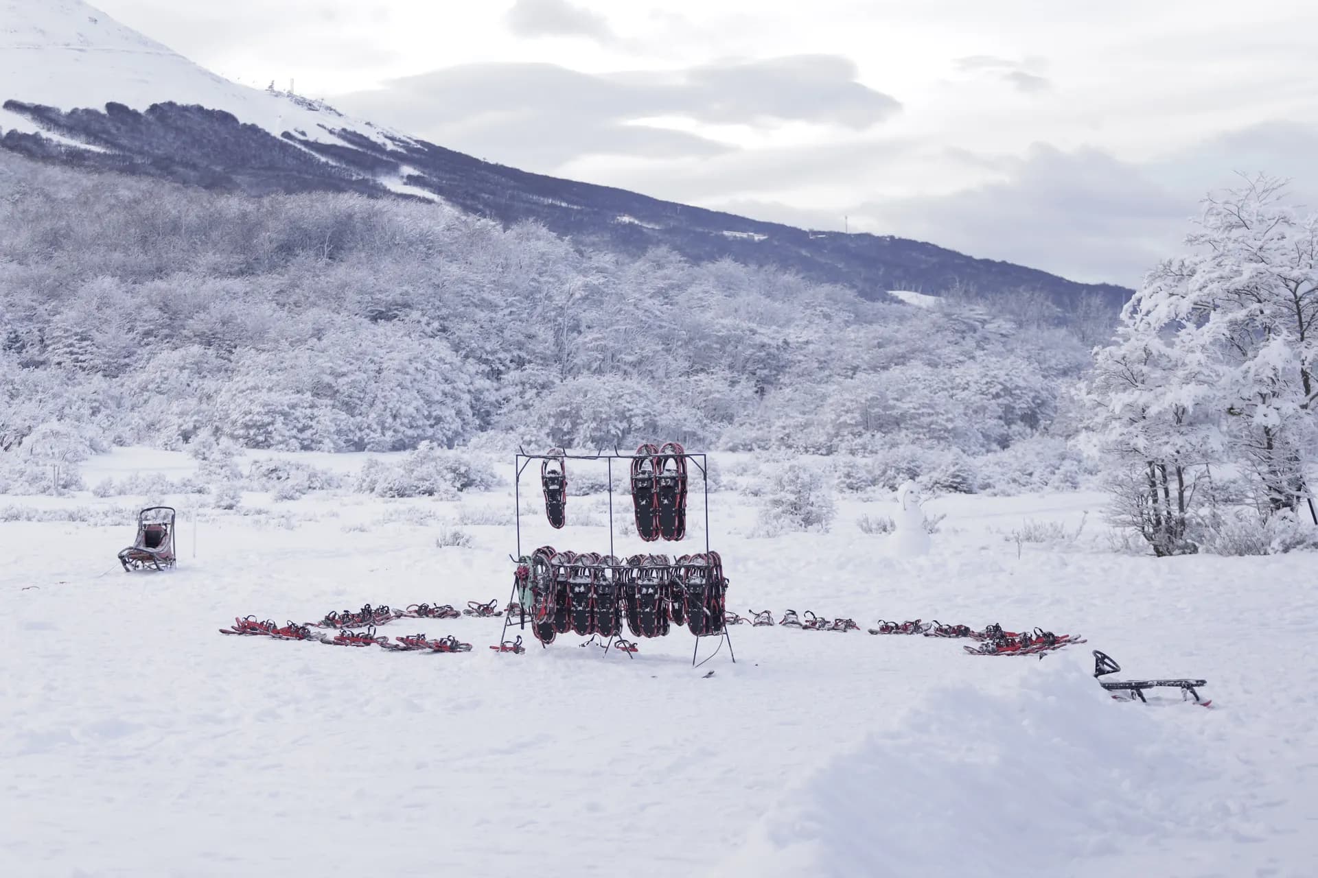 Raquetas de nieve y trineos preparados en el valle nevado de Llanos del Castor